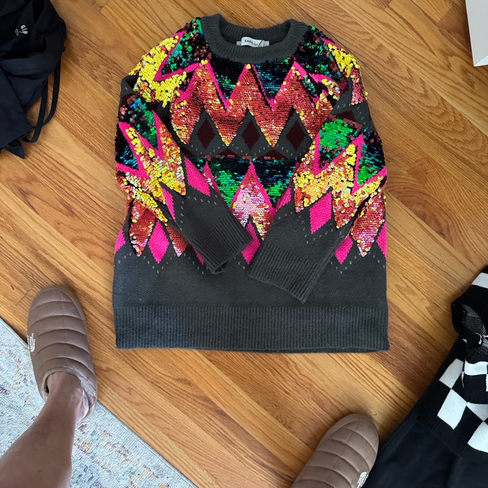 Zara Dark Gray Crewneck Sweater with Neon Sequin Geo Pattern - Picture 3 of 3